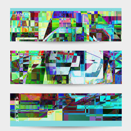 Abstract vector banner template. Small broken pixel distortion glitch art. Matrix geometric pattern. Vibrant colorful digital texture. Computer marketing sale background. Web page frame.のイラスト素材