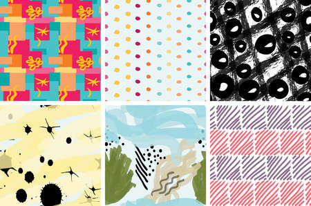 Seamless pattern set with rough brush strokes. Bright artistic paint texture. Marker and ink blobs background. Kids drawing childish style art. Abstract universal wallpaper or packaging design.のイラスト素材
