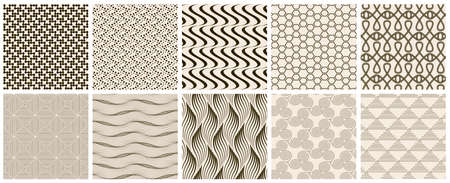 Seamless vector pattern set. Abstract simple geometrical texture. Dark brown on yellow old paper background.  Retro thin lines. Modern lattice graphic design.のイラスト素材