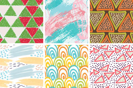 Seamless pattern set with rough brush strokes. Bright artistic paint texture. Marker and ink blobs background. Kids drawing childish style art. Abstract universal wallpaper or packaging design.のイラスト素材