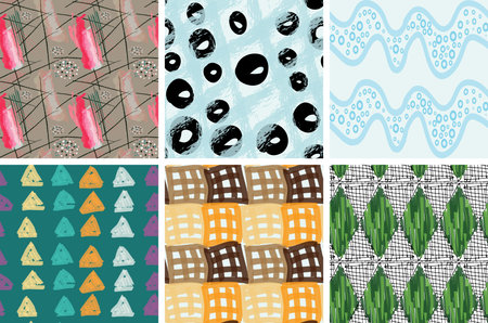 Seamless pattern set with rough brush strokes. Bright artistic paint texture. Marker and ink blobs...