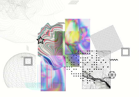 Abstract art background with geometric sci-fi elements. High-tech cyberpunk technology of virtual reality. Computer generated science models with hologram. Modern Gothic art kit design set.のイラスト素材