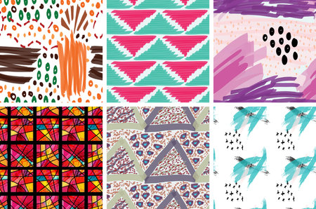 Seamless pattern set with rough brush strokes. Bright artistic paint texture. Marker and ink blobs...