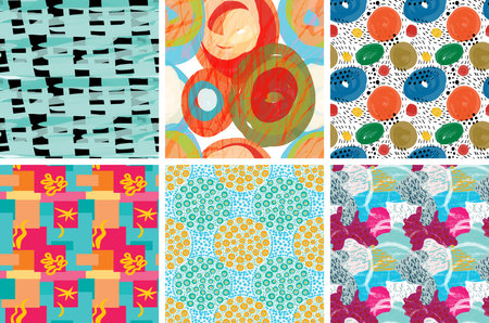 Seamless pattern set with rough brush strokes. Bright artistic paint texture. Marker and ink blobs background. Kids drawing childish style art. Abstract universal wallpaper or packaging design.のイラスト素材