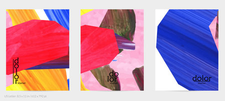 Abstract vector background with colorful bright acrylic textured shapes. Artistic flyer design template. Hand drawn collage art digital paint. Universal layout with brush stroke splashes.のイラスト素材