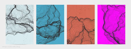 Ultra thin line net shape. Abstract 3D computer modeling science geometry. Futuristic sound wave interacting with random particles. Mold growing texture on flat earthly colored background.のイラスト素材