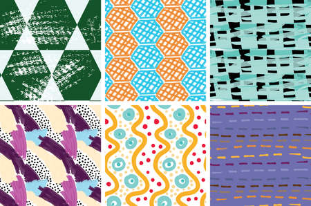 Seamless pattern set with rough brush strokes. Bright artistic paint texture. Marker and ink blobs background. Kids drawing childish style art. Abstract universal wallpaper or packaging design.のイラスト素材