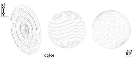 Abstract vector object set. Molecular grid texture of geometric wire frame shape. Technology computer science design element. 3D digital modeling. Optical art background.のイラスト素材