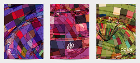 Abstract vector flyer template with futuristic multicolored wire frame geometric shapes. 3D mesh digital science model concept. Web technology cover design. Wavy lines and grid texture.のイラスト素材