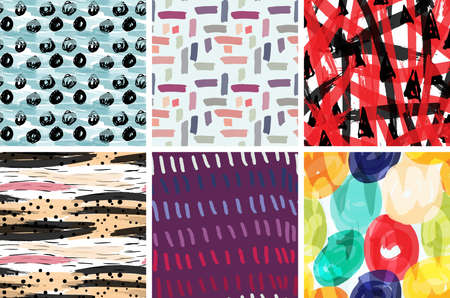 Seamless pattern set with rough brush strokes. Bright artistic paint texture. Marker and ink blobs background. Kids drawing childish style art. Abstract universal wallpaper or packaging design.のイラスト素材