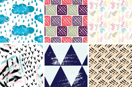 Seamless pattern set with rough brush strokes. Bright artistic paint texture. Marker and ink blobs background. Kids drawing childish style art. Abstract universal wallpaper or packaging design.のイラスト素材