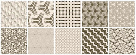 Seamless vector pattern set. Abstract simple geometrical texture. Dark brown on yellow old paper background.  Retro thin lines. Modern lattice graphic design.のイラスト素材