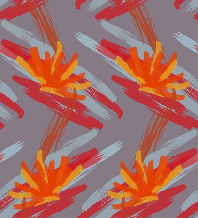 Abstract seamless pattern with hand drawn scribbles. Bright colored doodles made by marker crayon paint. Rough ink blobs and splashes with floral garden motif. Artistic wallpaper wrapping design.のイラスト素材