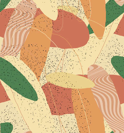 Abstract vector seamless pattern. Organic grunge textured overlapping wavy shapes and lines. Scribbled hand drawn pastel colored background. Striped dotted leaf forms. Flat textile swatch.のイラスト素材