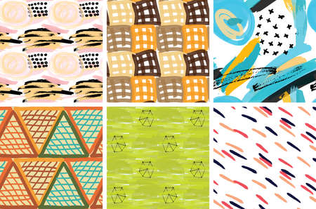 Seamless pattern set with rough brush strokes. Bright artistic paint texture. Marker and ink blobs background. Kids drawing childish style art. Abstract universal wallpaper or packaging design.のイラスト素材