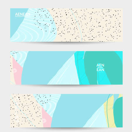 Abstract vector banner. Exotic striped overlapping wavy shapes and lines. Hipster contemporary design. Natural motley artwork. Hand drawn textured background for social media fashion post.のイラスト素材