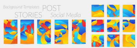 Abstract vector Instagram background set with bright gradient wavy organic overlapping shapes grunge textured. Fluid wavy lines.Template for seasonal sale advertising  marketing technology.のイラスト素材