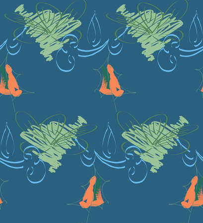 Abstract seamless pattern with hand drawn scribbles. Bright colored doodles made by marker crayon paint. Rough ink blobs and splashes with floral garden motif. Artistic wallpaper wrapping design.のイラスト素材