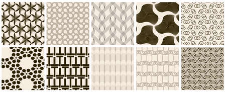 Seamless vector pattern set. Abstract simple geometrical texture. Dark brown on yellow old paper background.  Retro thin lines. Modern lattice graphic design.のイラスト素材