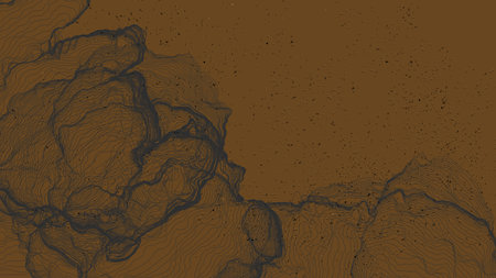 Ultra thin line net shape. Abstract 3D computer modeling science geometry. Futuristic sound wave interacting with random particles. Mold growing texture on flat earthly colored background.のイラスト素材