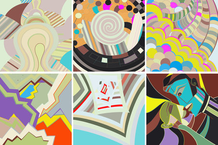 Artistic abstract vector. Poster with fancy curved shapes in graffiti wall style. Cubism art design elements. Modern mystic natural spiritual idea. Futuristic geometry in hand drawing line.のイラスト素材