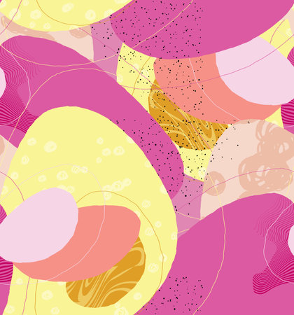 Abstract vector seamless pattern. Organic grunge textured overlapping wavy shapes and lines. Scribbled hand drawn pastel colored background. Striped dotted leaf forms.のイラスト素材