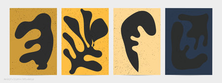 Matisse organic grange textured shapes. Abstract contemporary flyer template with natural floral motif. Minimal mid century art background. Artistic botanical elements on flat earthy colors.のイラスト素材