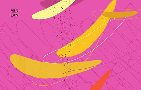 Retro hipster art print or poster design. Wavy motley shapes. Overlapping hand drawn texture. Stripes, dots and scribbles create exotic tropical background. Natural organic colors.のイラスト素材