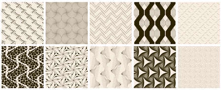 Seamless vector pattern set. Abstract simple geometrical texture. Dark brown on yellow old paper background.  Retro thin lines. Modern lattice graphic design.のイラスト素材