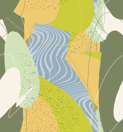 Abstract vector seamless pattern. Organic grunge textured overlapping wavy shapes and lines. Scribbled hand drawn pastel colored background. Striped dotted leaf forms. Flat textile swatch.のイラスト素材