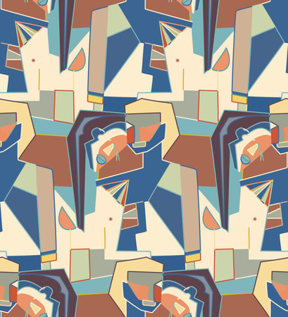 Abstract seamless vector background with fancy curved shapes in graffiti wall style. Cubism art design elements. Modern mystic natural spiritual idea. Futuristic geometry in hand drawing line.のイラスト素材