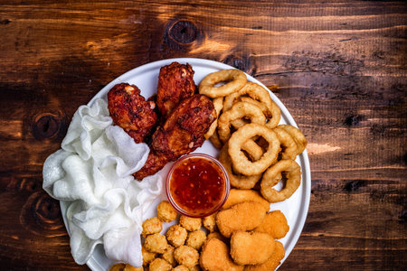 Snacks for beer on a white plate are: chicken nuggets, onion rings in tempura, chicken popcorn and chili sauceの写真素材