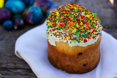 easter traditional cupcake with beautiful decorations on festive table.