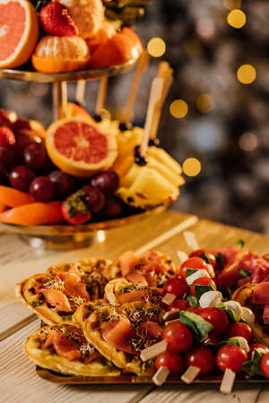Rows of fruit salad at dinner party catering event. Cateringの写真素材