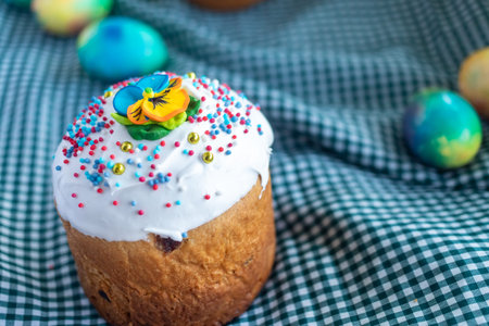 Postcard with Easter bread. Cakes with icing. Spring festival 2021. Kulich. Happy Easter day. Cake...