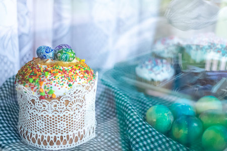 The table has an Italian Easter Panettone in Easter Decorの写真素材