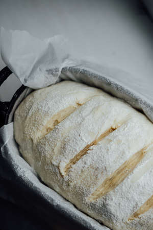 Loaf of proofing bread, raw dough in a proofing bowl, homemade wild yeast bread.の写真素材