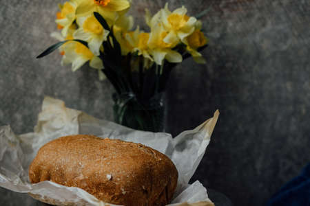 delicious and healthy homemade whole grain bread with honey.の写真素材