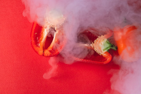 SWEET, fresh RED PEPPER ON A RED BACKGROUND, cut in half, thick smoke around. photo for the menu,...