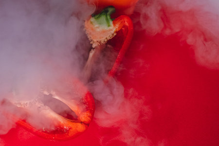 SWEET, fresh RED PEPPER ON A RED BACKGROUND, cut in half, thick smoke around. proper nutrition....