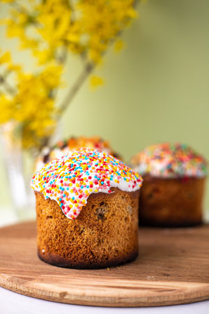 Easter composition with Easter cakes, wooden stand and spring flowers on a yellow background. copyspace.の写真素材