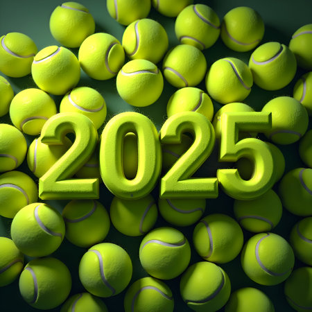 New Year background, view from above, in the middle the numbers 2025 in the form of tennis balls, a lot of space aroundの写真素材