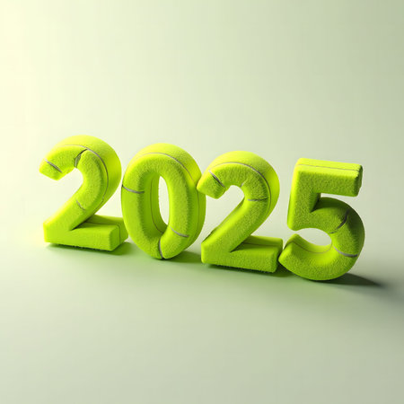 New Year background, view from above, in the middle the numbers 2025 in the form of tennis balls, a...