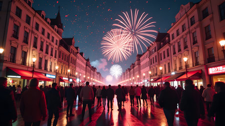 Spectacular fireworks illuminate the night sky over a bustling city street during a festive celebration.の写真素材