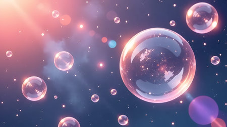 Delicate and ethereal bubbles float gracefully in a captivating cosmic backdrop of soft light and...