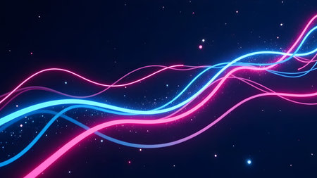 Neon pink and blue waves blend to form a stunning abstract background filled with enchanting...