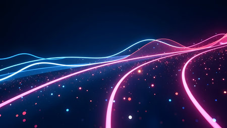 Dynamic neon light waves in stunning blue and pink shades create an absolutely mesmerizing visual experienceの写真素材