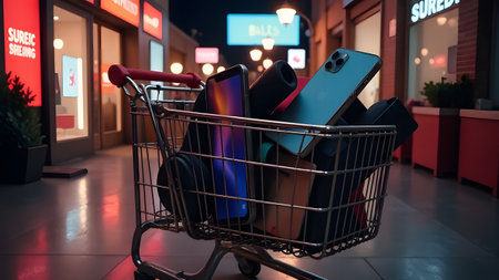 A shopping cart brimming with modern devices displayed in a lively and vibrant retail setting during the nightの写真素材