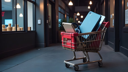 A shopping cart that is filled with various electronics is located in a contemporary shopping corridorの写真素材