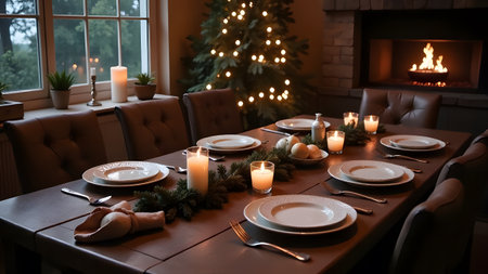 A beautifully arranged dining table for a cozy holiday gathering with charming candles and lovely decorの写真素材